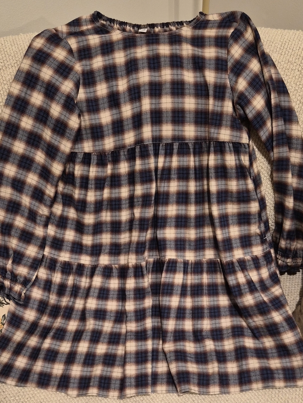 Uniqlo Plaid Tiered Dress - Navy, Cream & Brown